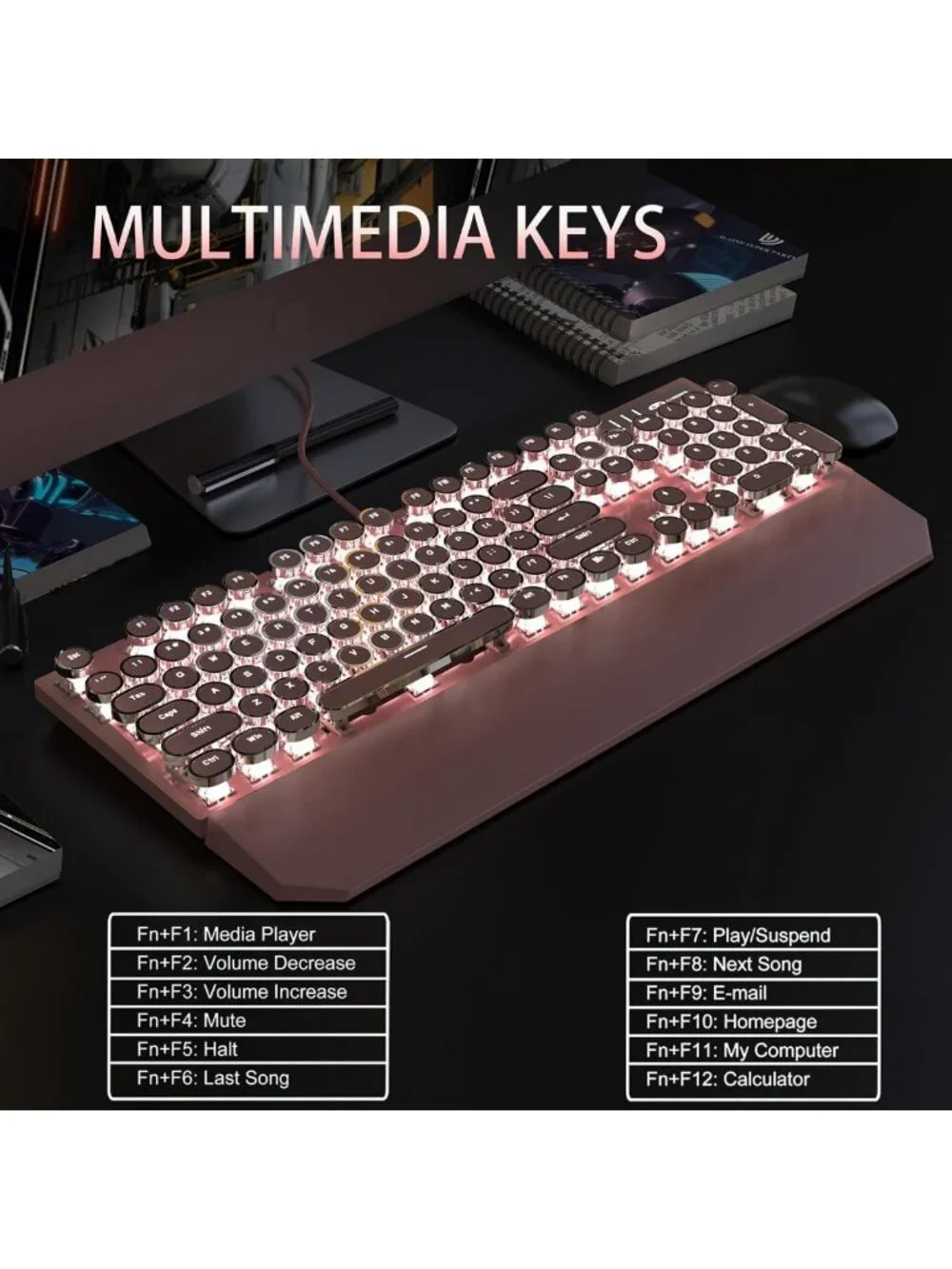 Retro Pink Typewriter Mechanical Gaming Keyboard, 104 Keys, White Backlit, Cute